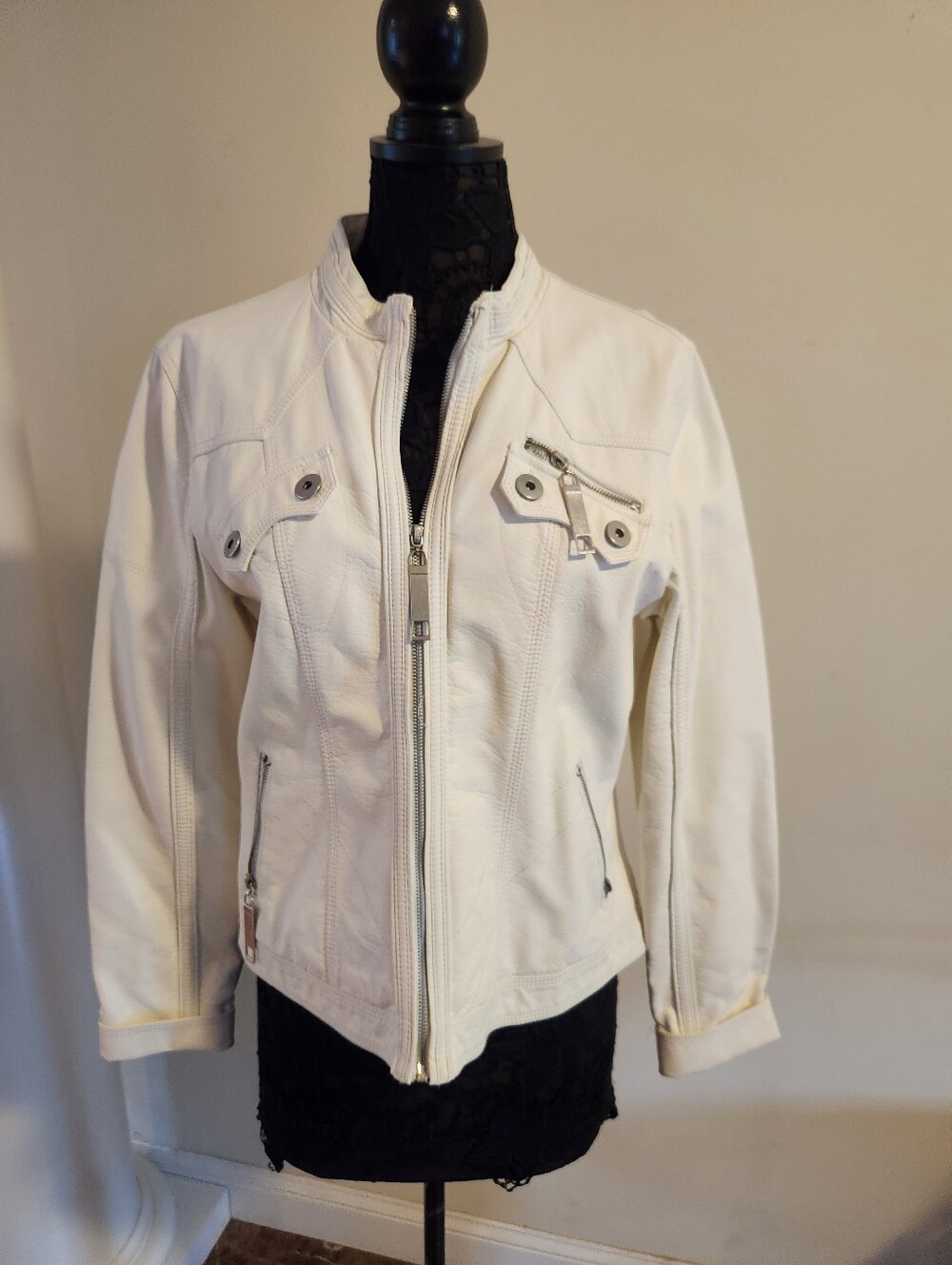 Dressbarn White Zip-Front  Faux Leather Jacket